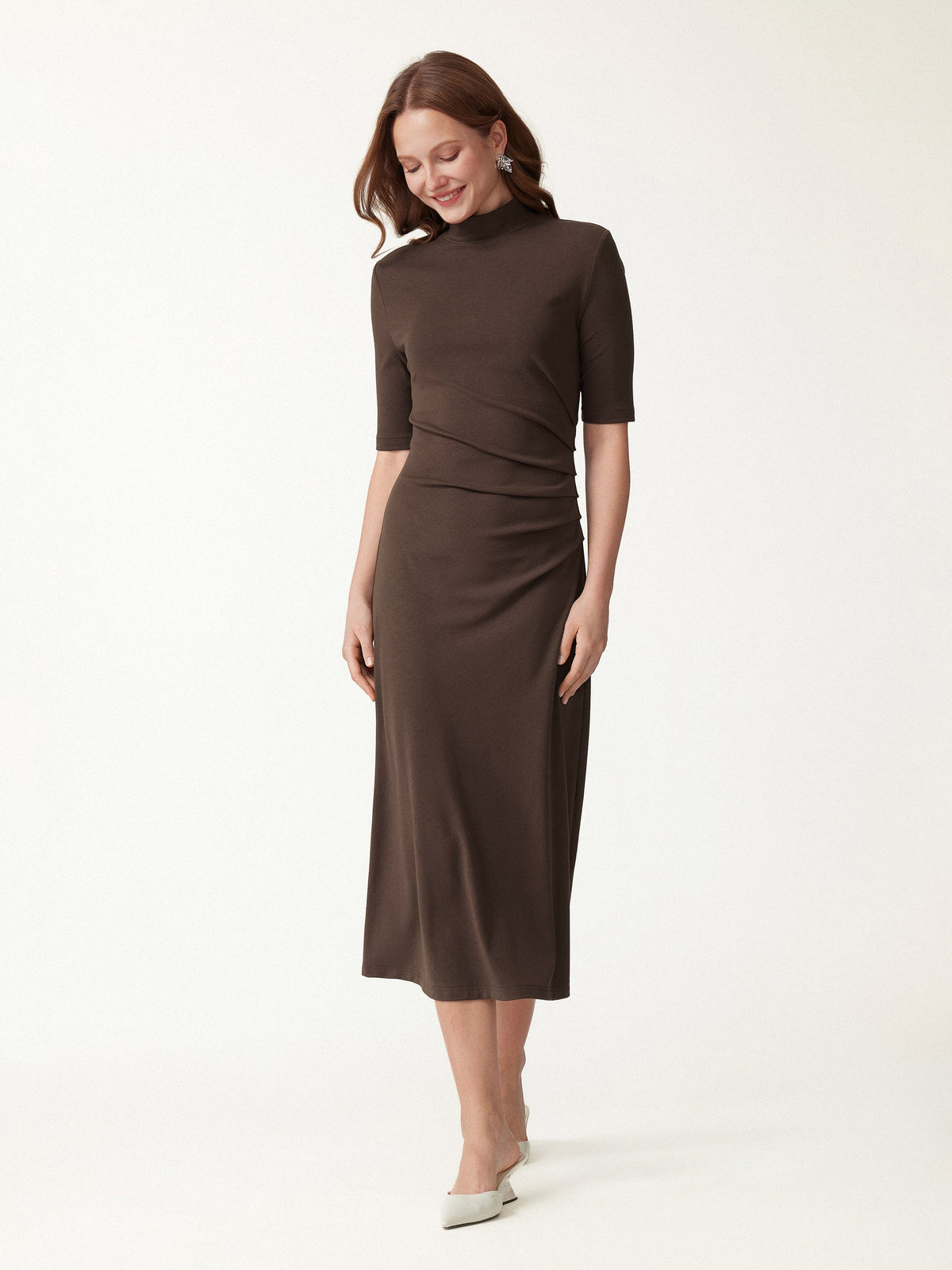 Cotton Blend Mock Neck Elbow Sleeve Tucked A-Line Midi Dress — original photo 3
