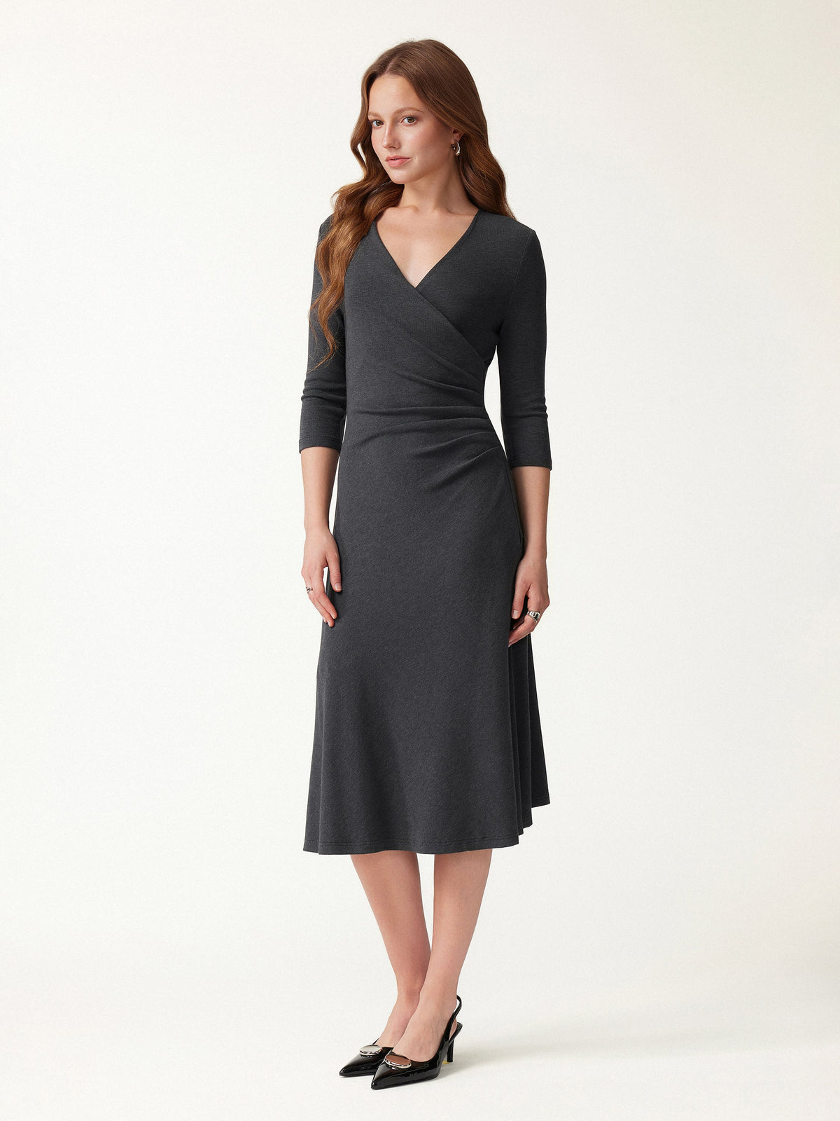 LiteWarm Surplice 3/4 Sleeve Side-Tuck Midi Dress — original photo 2