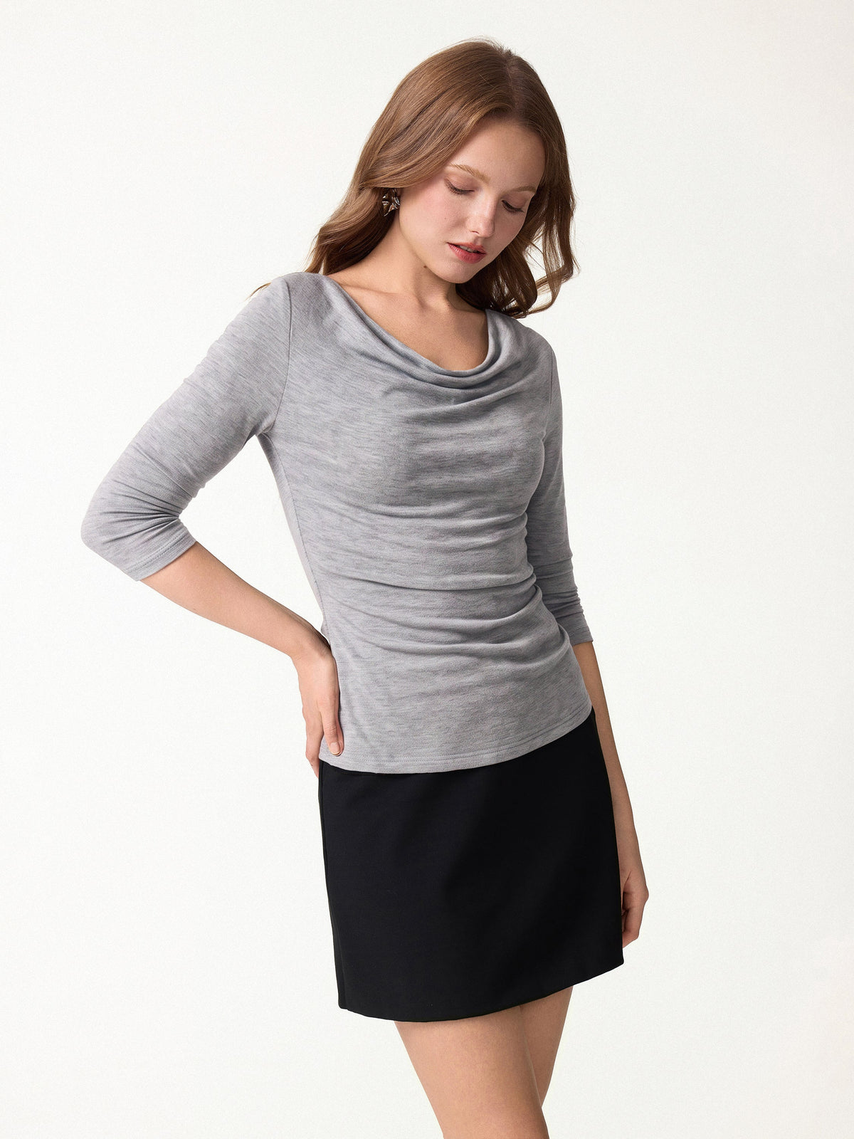 LiteWarm Lyocell-Wool Cowl Neck 3/4 Sleeve Ruched Cuff Top — original photo 3