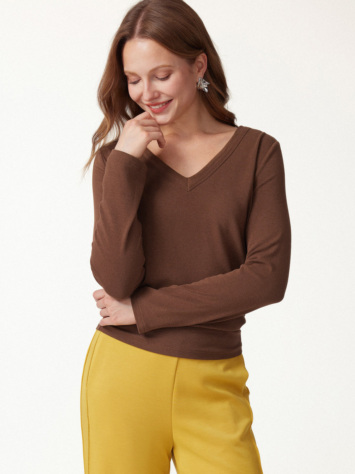 LiteWarm V-Neck Long Sleeve Banded Hem Top — original photo 3