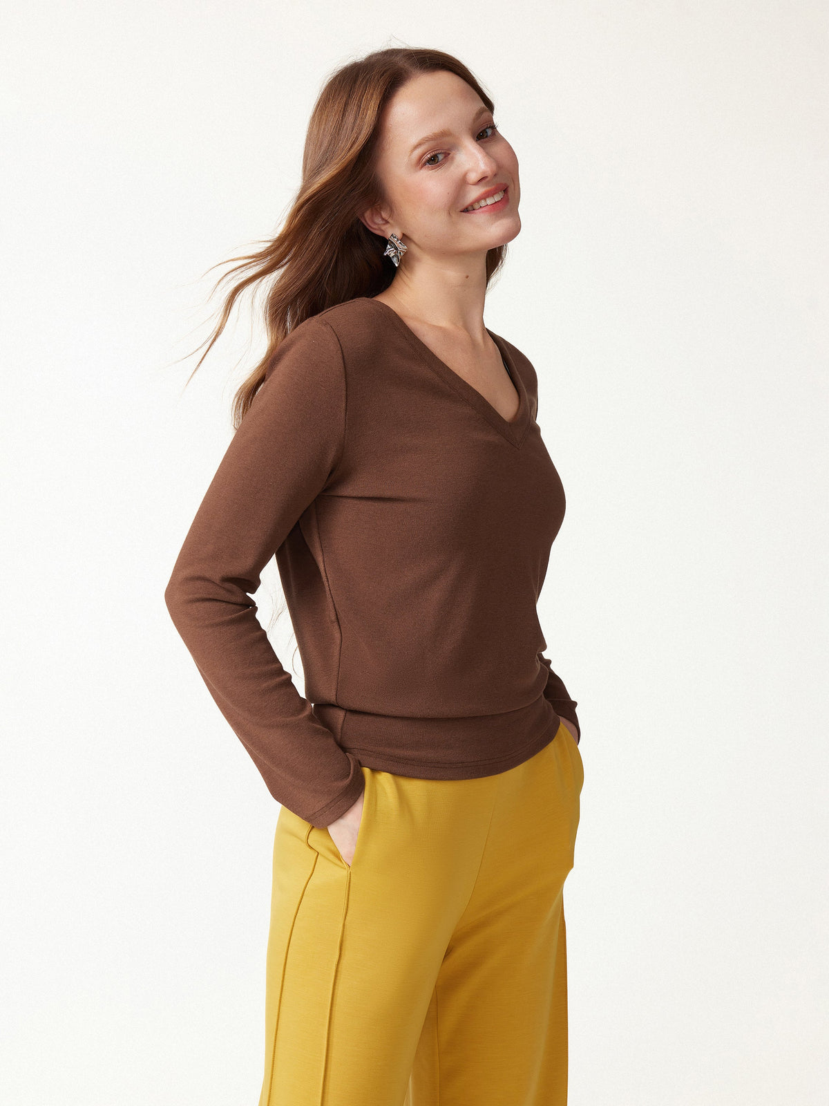 LiteWarm V-Neck Long Sleeve Banded Hem Top — original photo 4