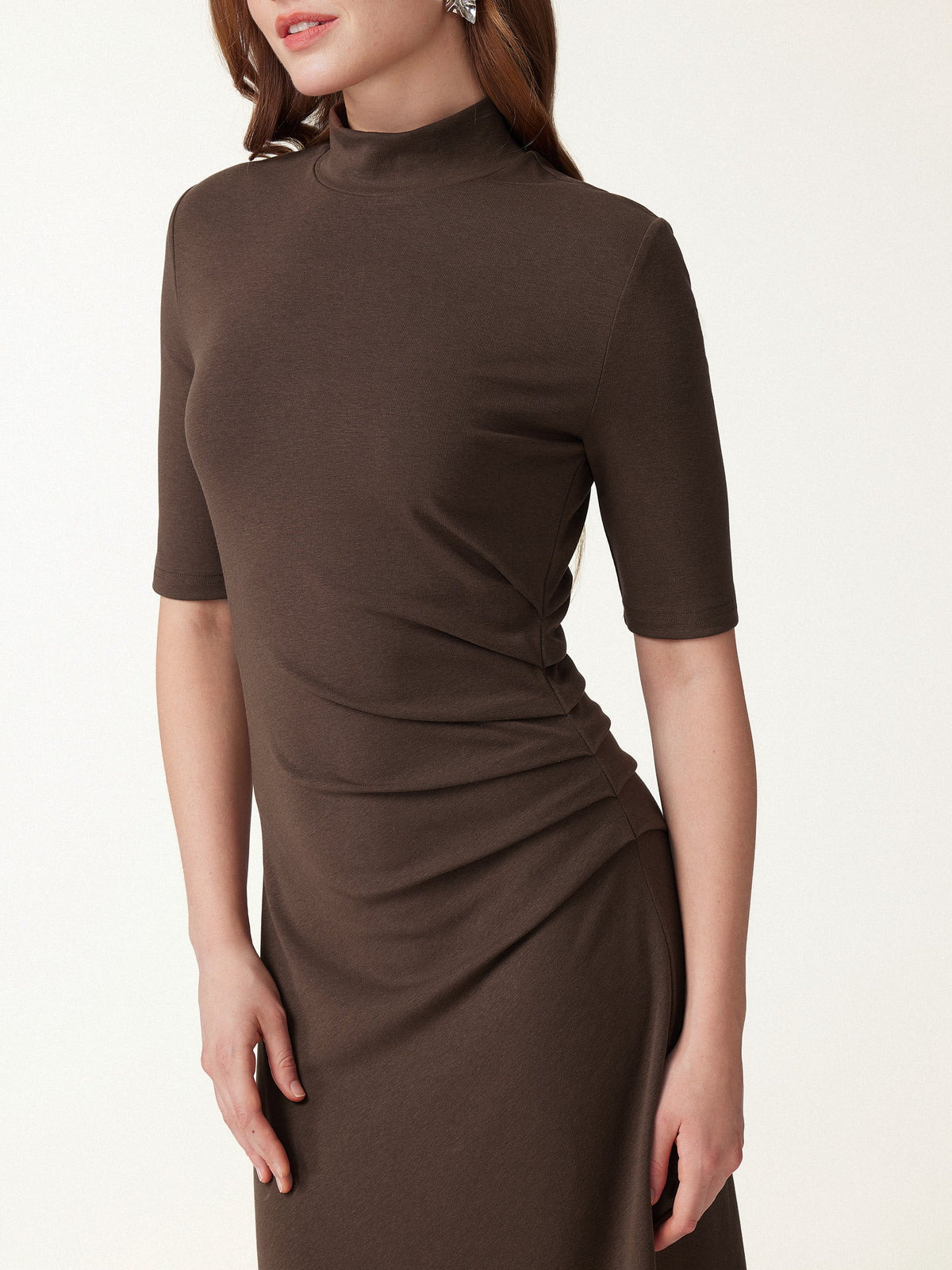 Cotton Blend Mock Neck Elbow Sleeve Tucked A-Line Midi Dress — original photo 5