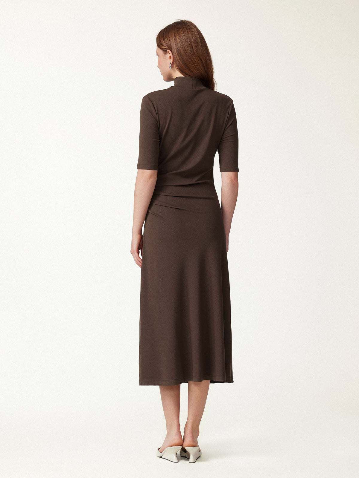 Cotton Blend Mock Neck Elbow Sleeve Tucked A-Line Midi Dress — original photo 4