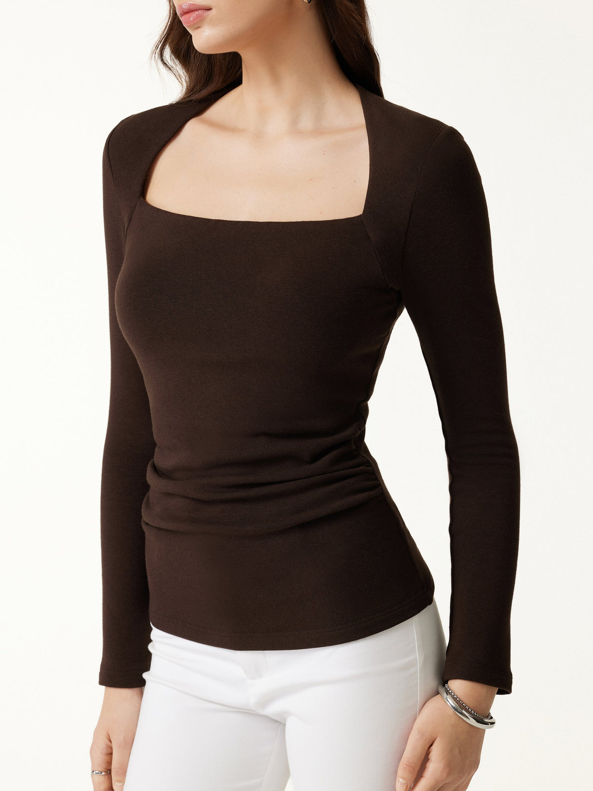 ProWarm Trapeze Neck Long Sleeve Ruched Built-In Bra Top — original photo 3