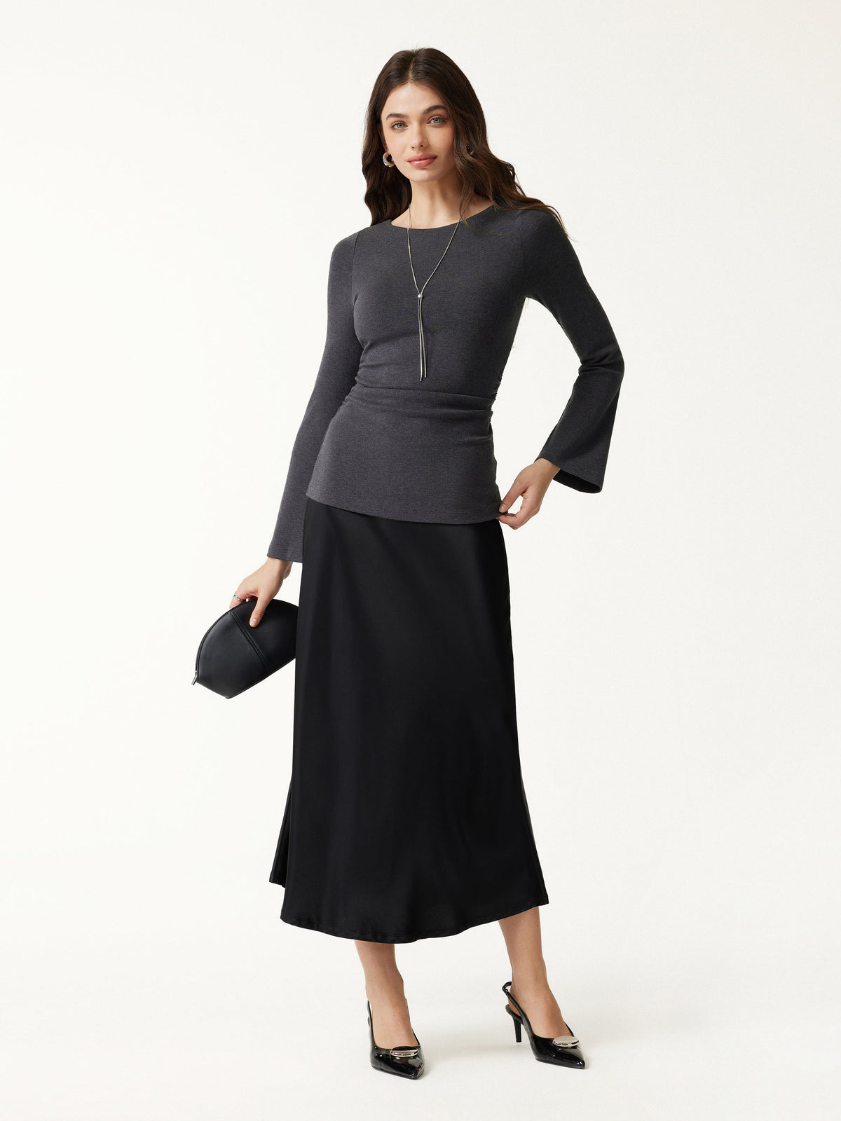 LiteWarm Round Neck Bell Sleeve Ruched Built-In Bra Top — original photo 2
