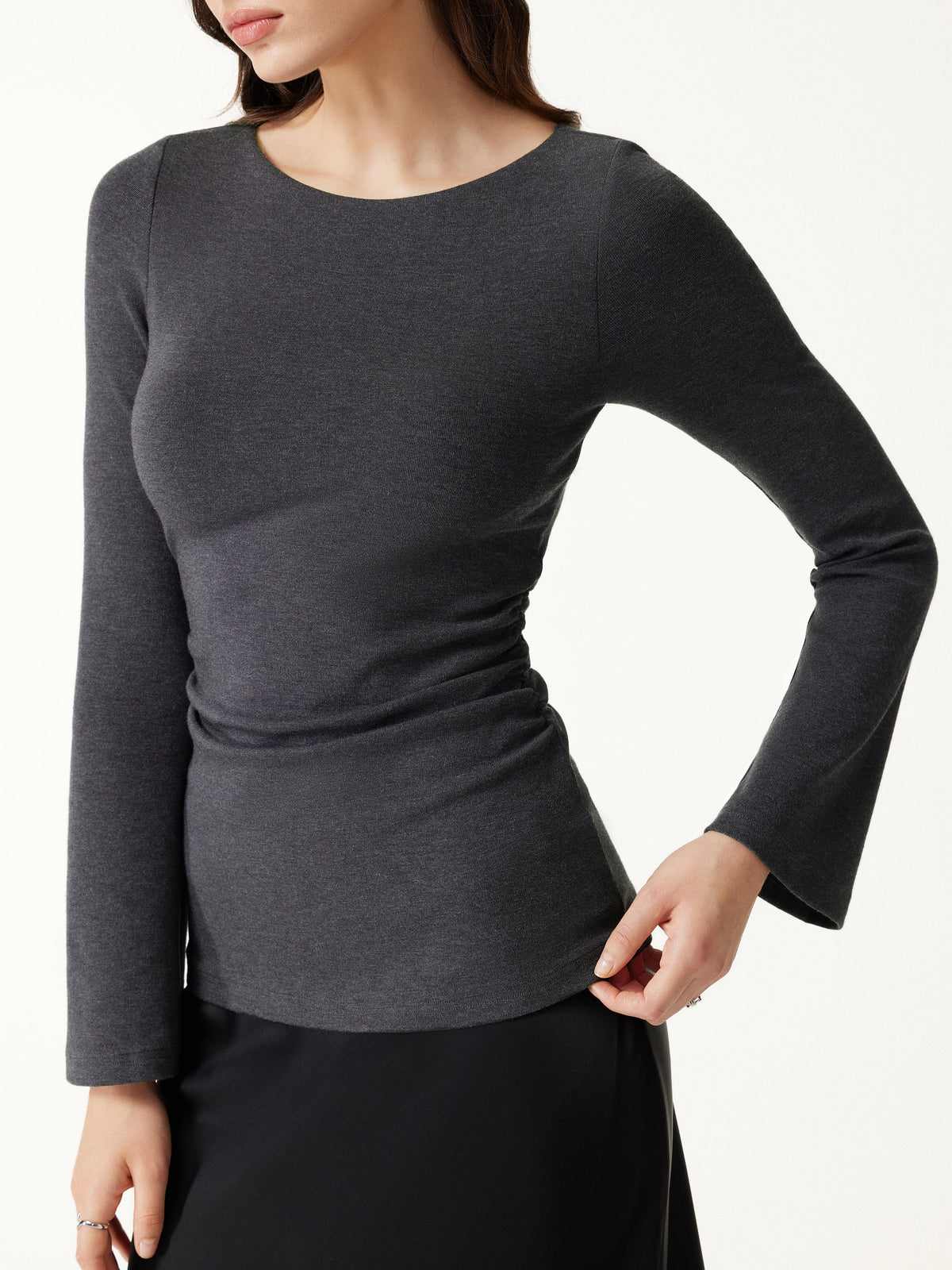 LiteWarm Round Neck Bell Sleeve Ruched Built-In Bra Top — original photo 5