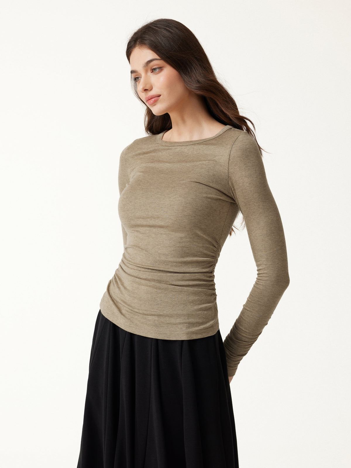 LiteWarm Lyocell-Wool Round Neck Long Sleeve Ruched Top — original photo 4