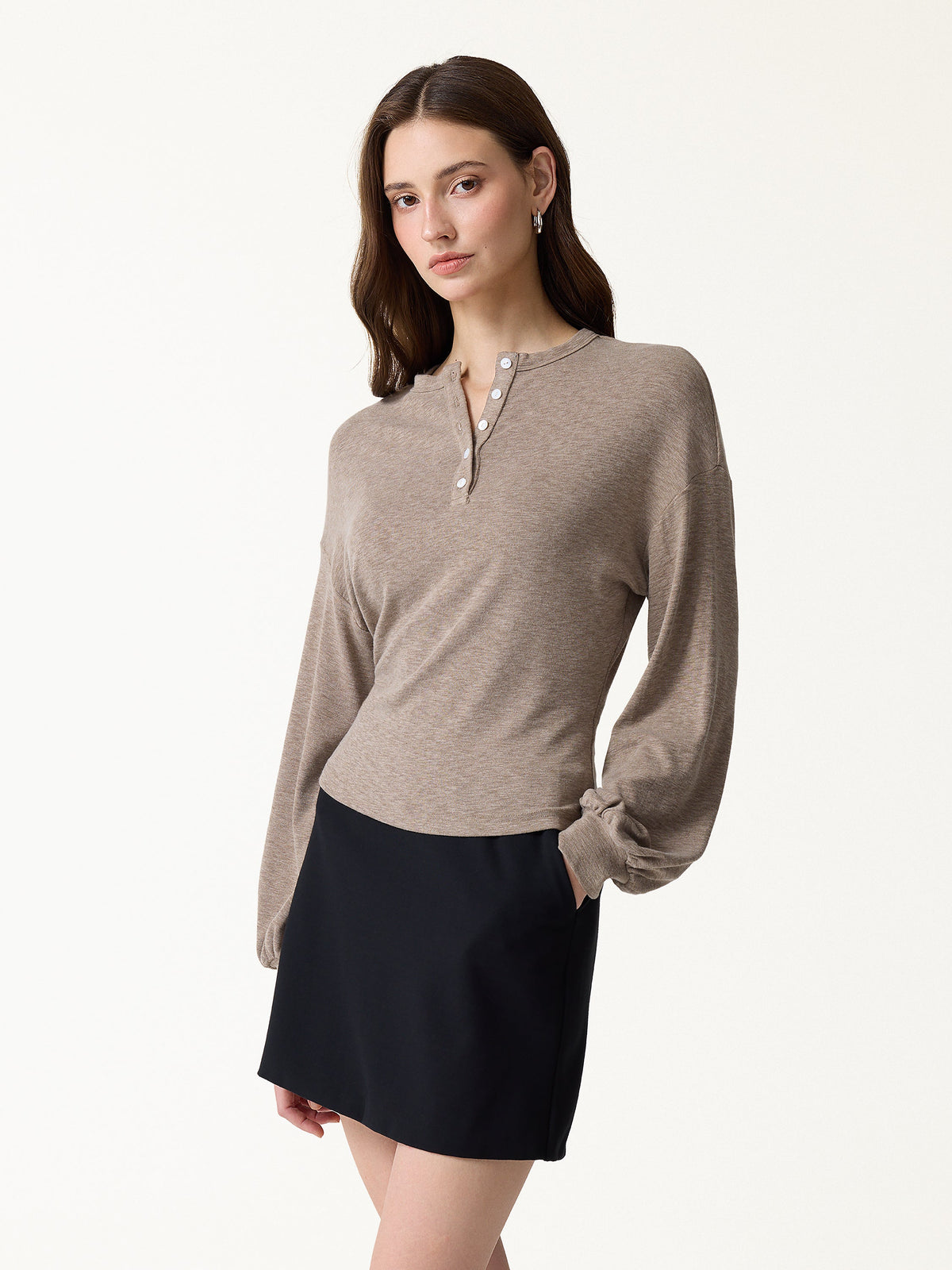 LiteWarm Slub Ribbed Henley Neck Batwing Sleeve Close-Fit Hem Top — original photo 1