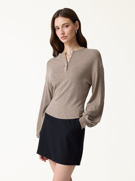 LiteWarm Slub Ribbed Henley Neck Batwing Sleeve Close-Fit Hem Top — original photo 1