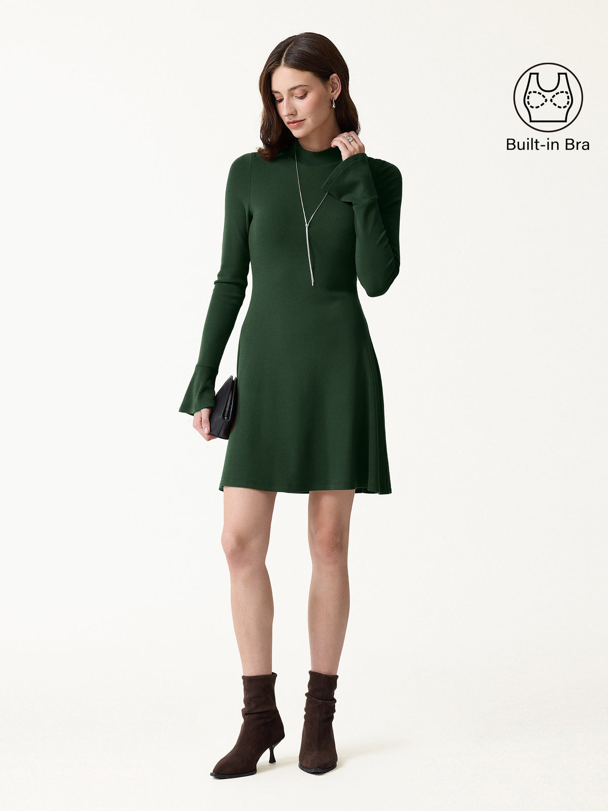 LiteWarm Mock Neck Flared Long Sleeve A-Line Mini Built-In Bra Dress — original photo 2