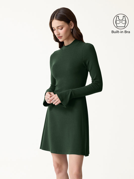 LiteWarm Mock Neck Flared Long Sleeve A-Line Mini Built-In Bra Dress — original photo 1