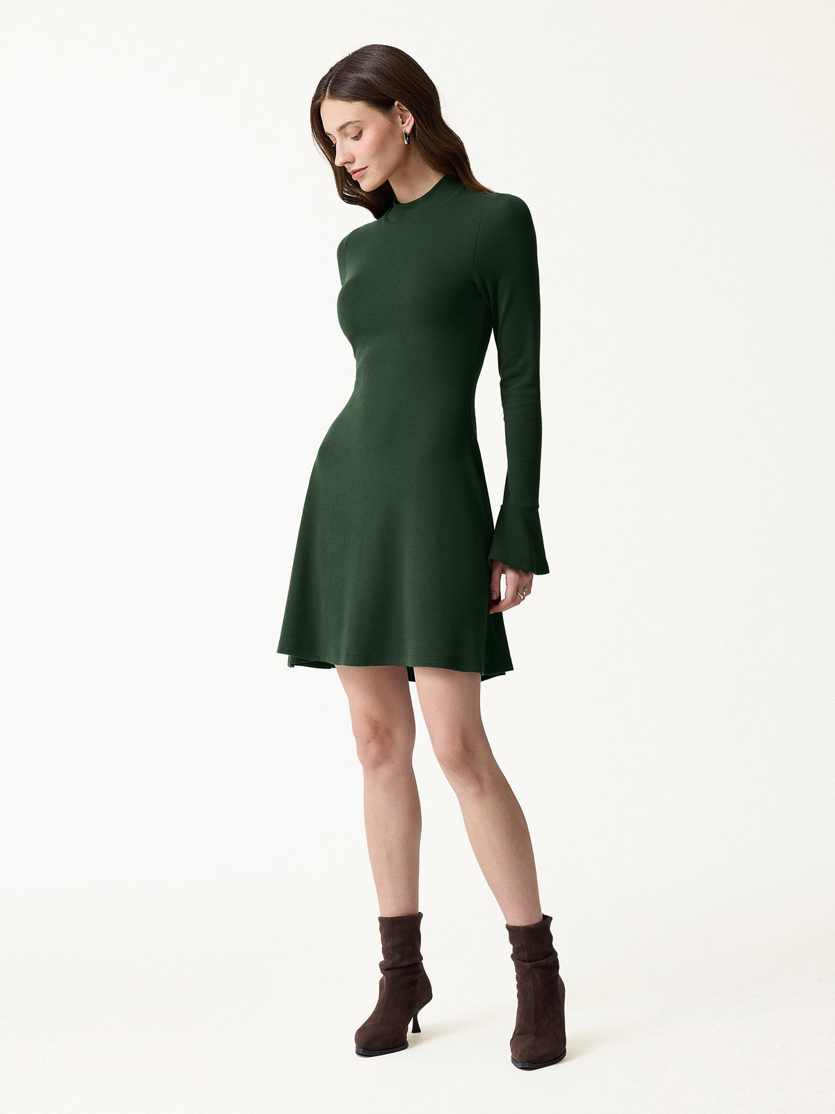 LiteWarm Mock Neck Flared Long Sleeve A-Line Mini Built-In Bra Dress — original photo 3