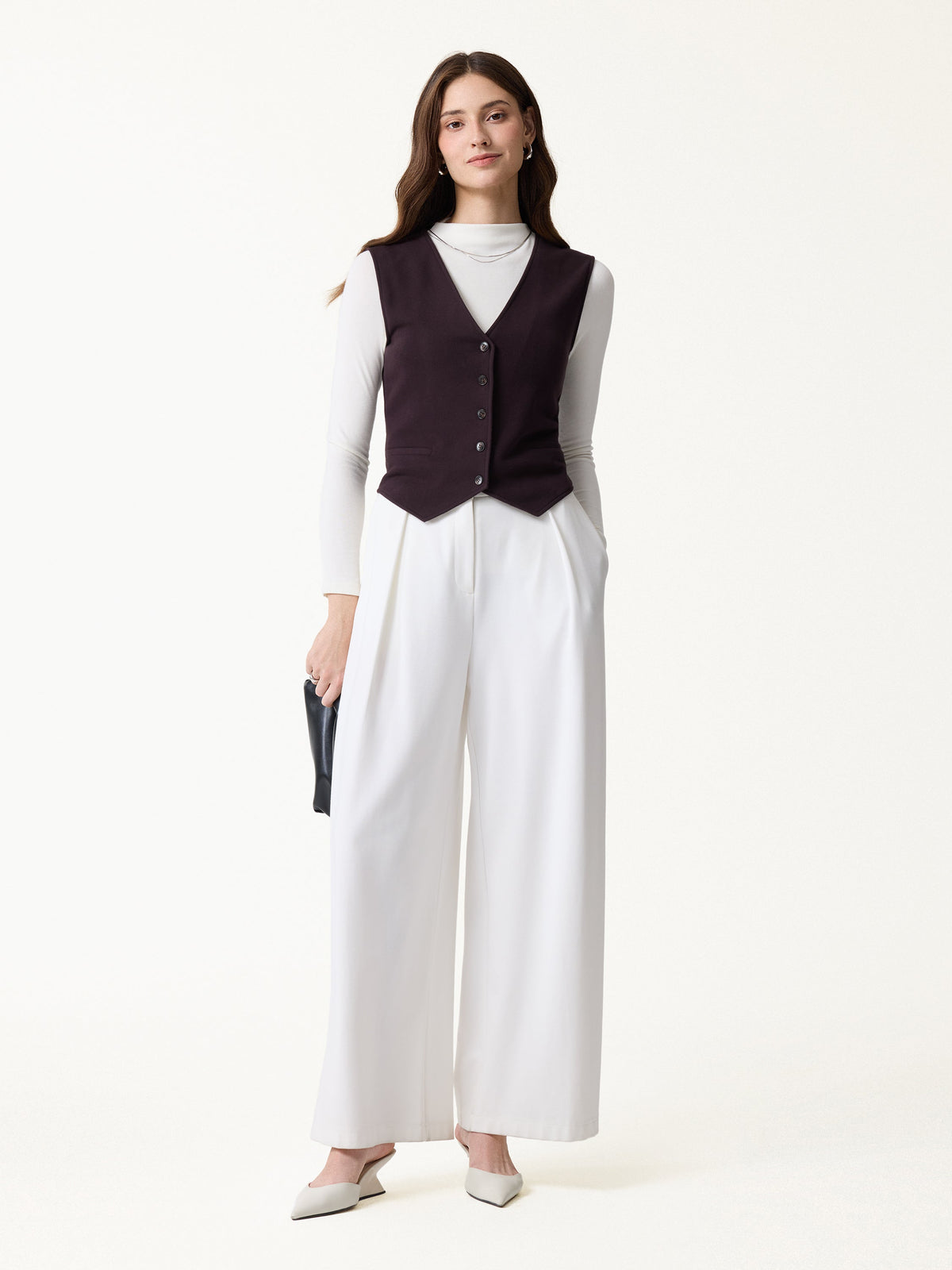 Petite-Friendly V-Neck Sleeveless Button-Down Cropped Vest — original photo 2