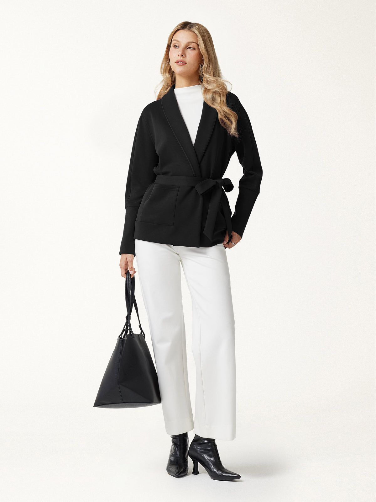 Modal Stretch Fleece Lapel Long Sleeve Belted Coat with Pockets — original photo 2