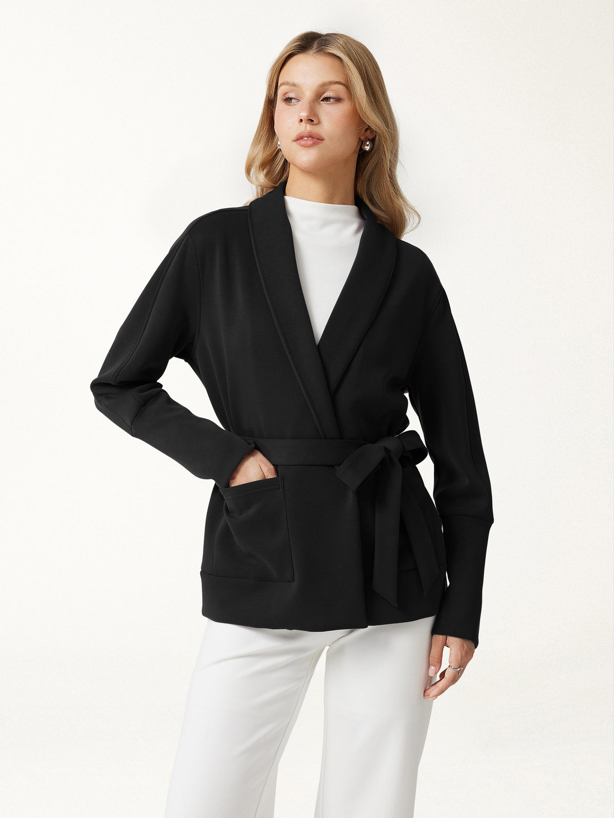 Modal Stretch Fleece Lapel Long Sleeve Belted Coat with Pockets — original photo 3