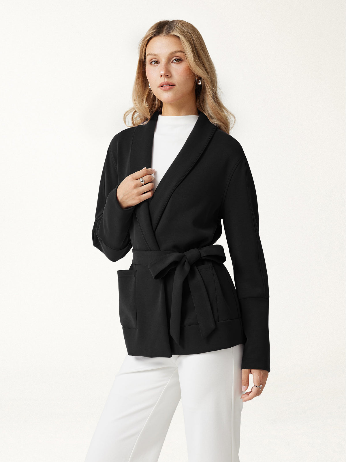 Modal Stretch Fleece Lapel Long Sleeve Belted Coat with Pockets — original photo 4