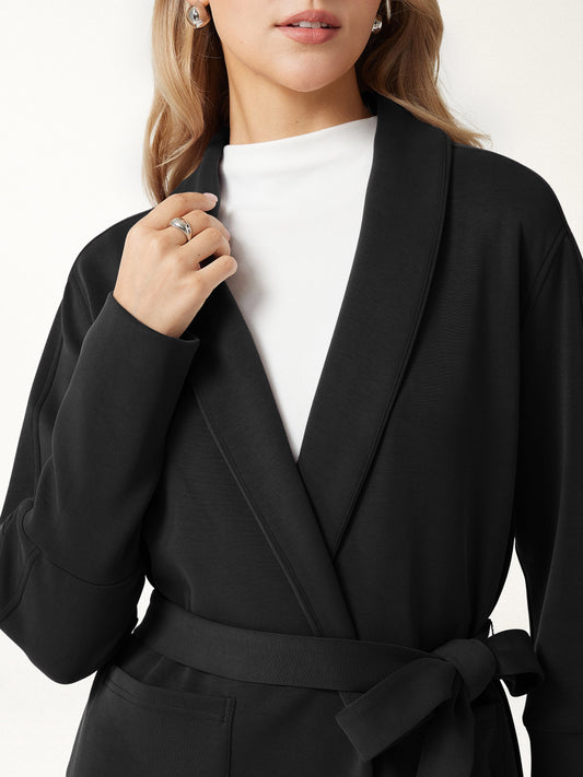 Modal Stretch Fleece Lapel Long Sleeve Belted Coat with Pockets — original photo 1