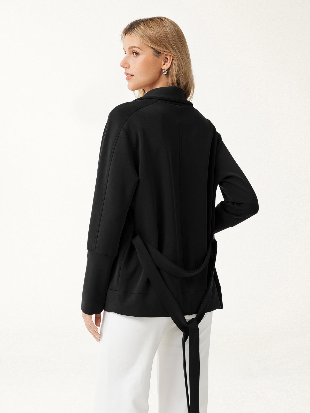 Modal Stretch Fleece Lapel Long Sleeve Belted Coat with Pockets — original photo 5