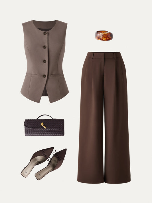 2Pcs Set Waistcoat with Pockets & Wide Leg Pant with Pockets — original photo 1