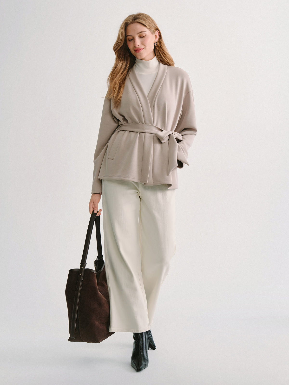 Modal Stretch Fleece Crossover Belted Wrap Cardigan Coat with Pockets — original photo 2