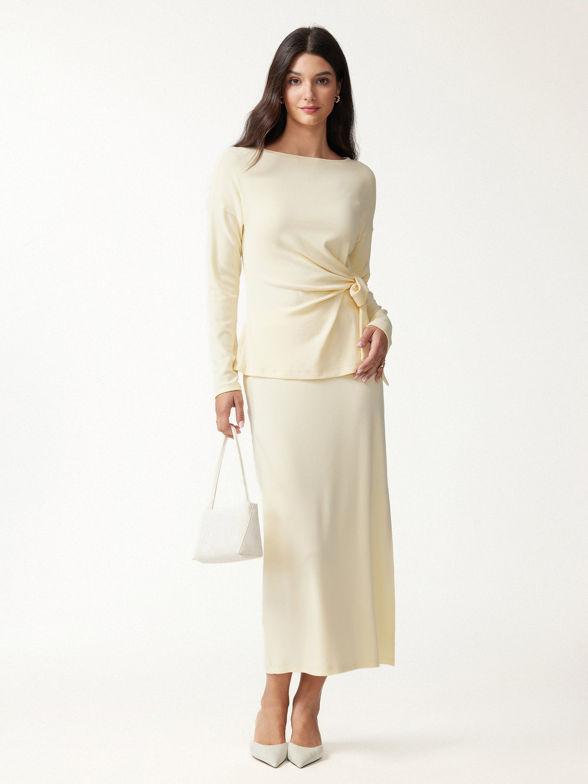 2Pcs Set LiteWarm Boatneck Long Sleeve Top & Mid-Rise Side-Slit Column Midi Skirt — original photo 3