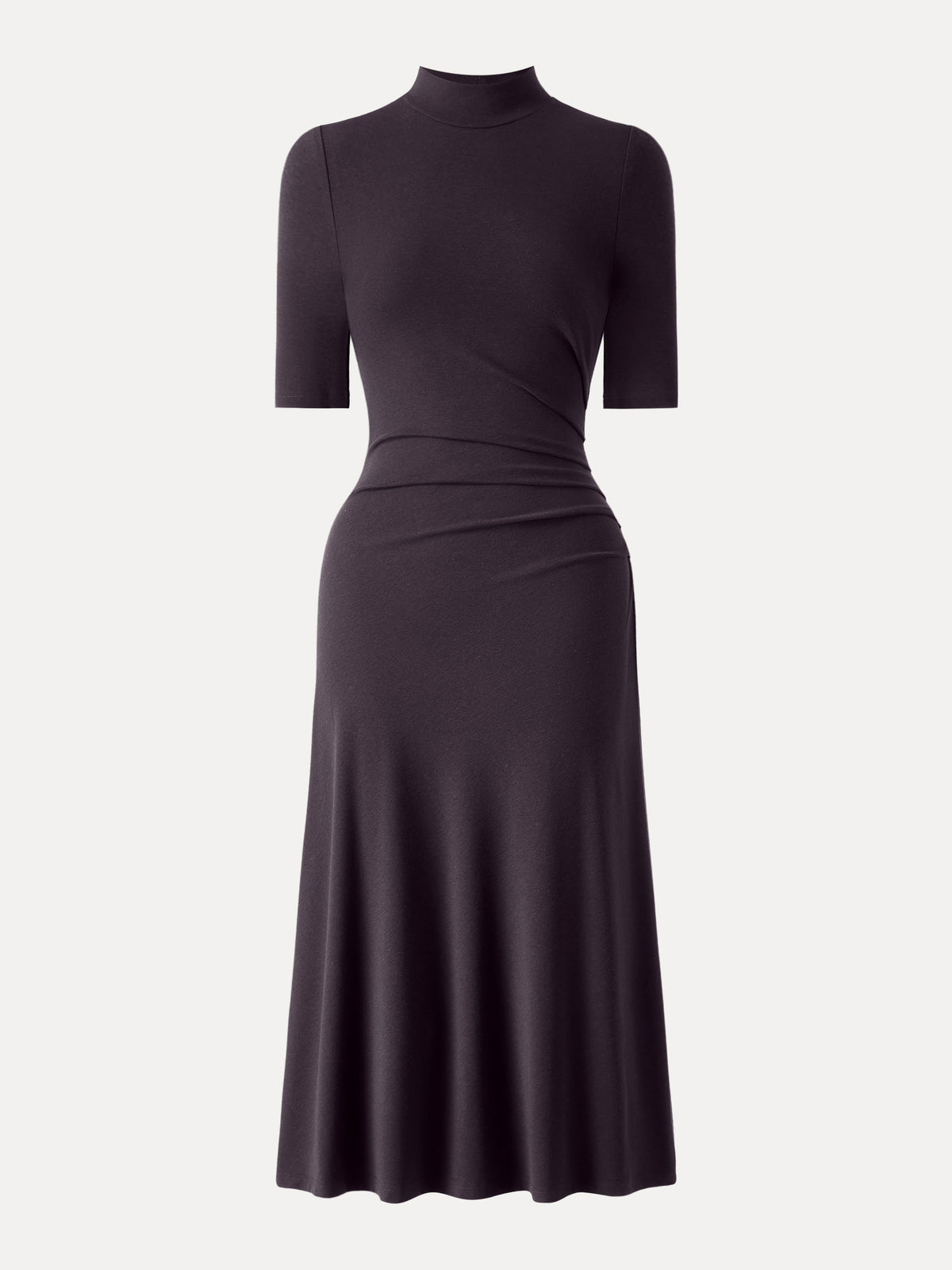 Cotton Blend Mock Neck Elbow Sleeve Tucked A-Line Midi Dress — original photo 8