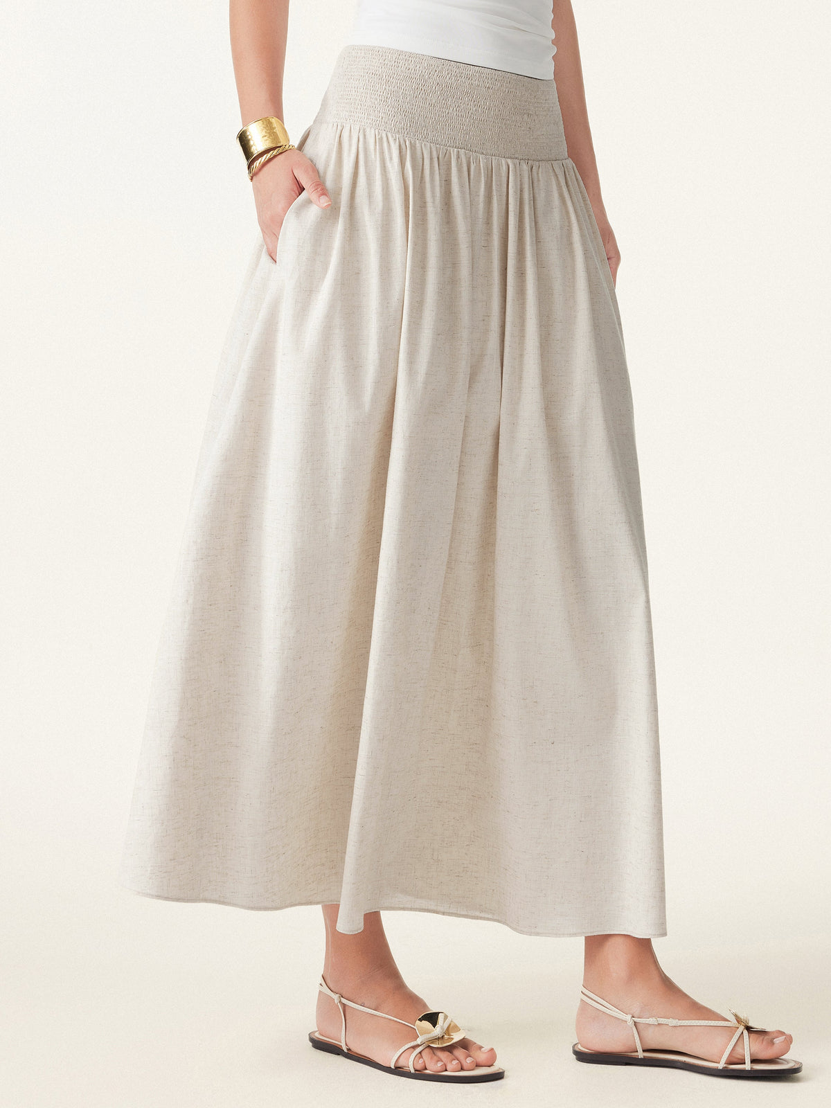 European Linen Smocked Waist Skirt with Pockets — original photo 3