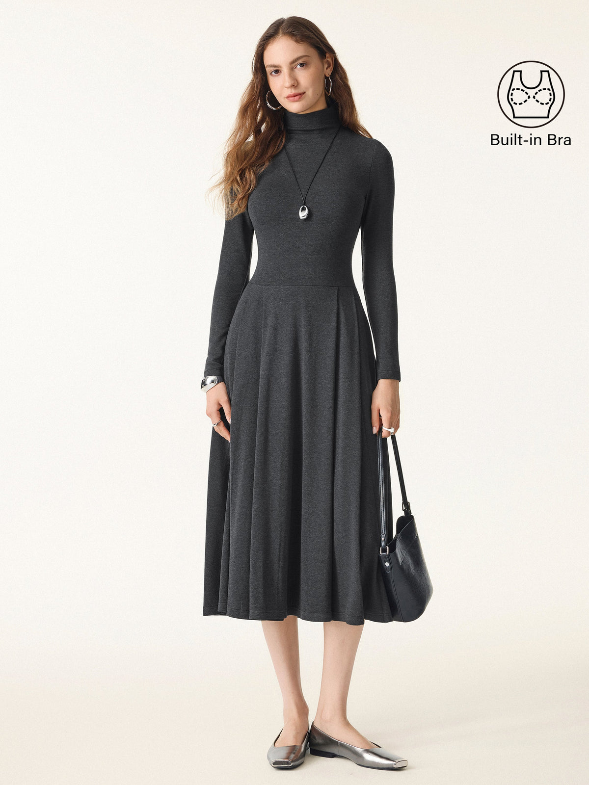 LiteWarm Mockneck Pleated Midi Built-In Bra Dress with Pockets — original photo 4