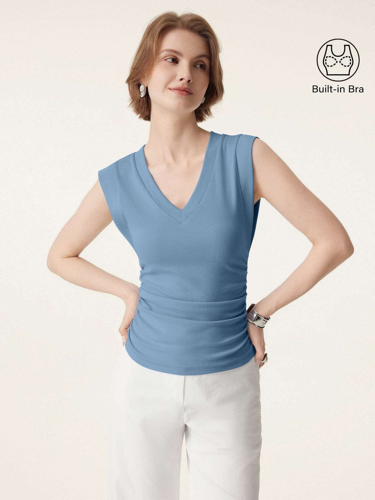 Stretch Cotton V-neck Side Ruched Muscle Built-In Bra Top — original photo 1