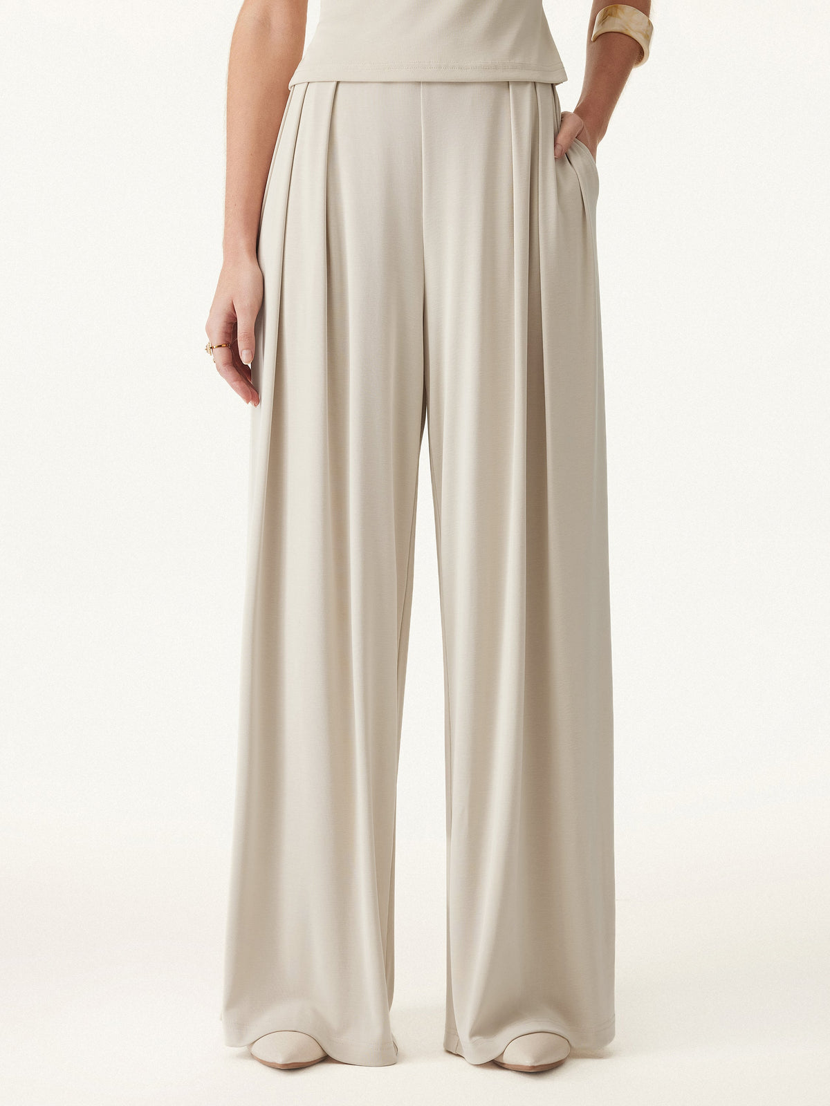 Sandwashed Mid Rise Pleated Wide Leg Palazzo Pant with Pockets — original photo 1