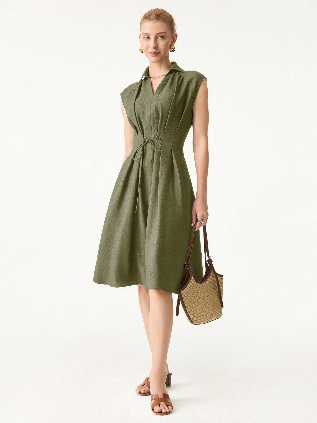 Viscose-Linen Collared V-neck Midi Dress with Drawstring — original photo 9