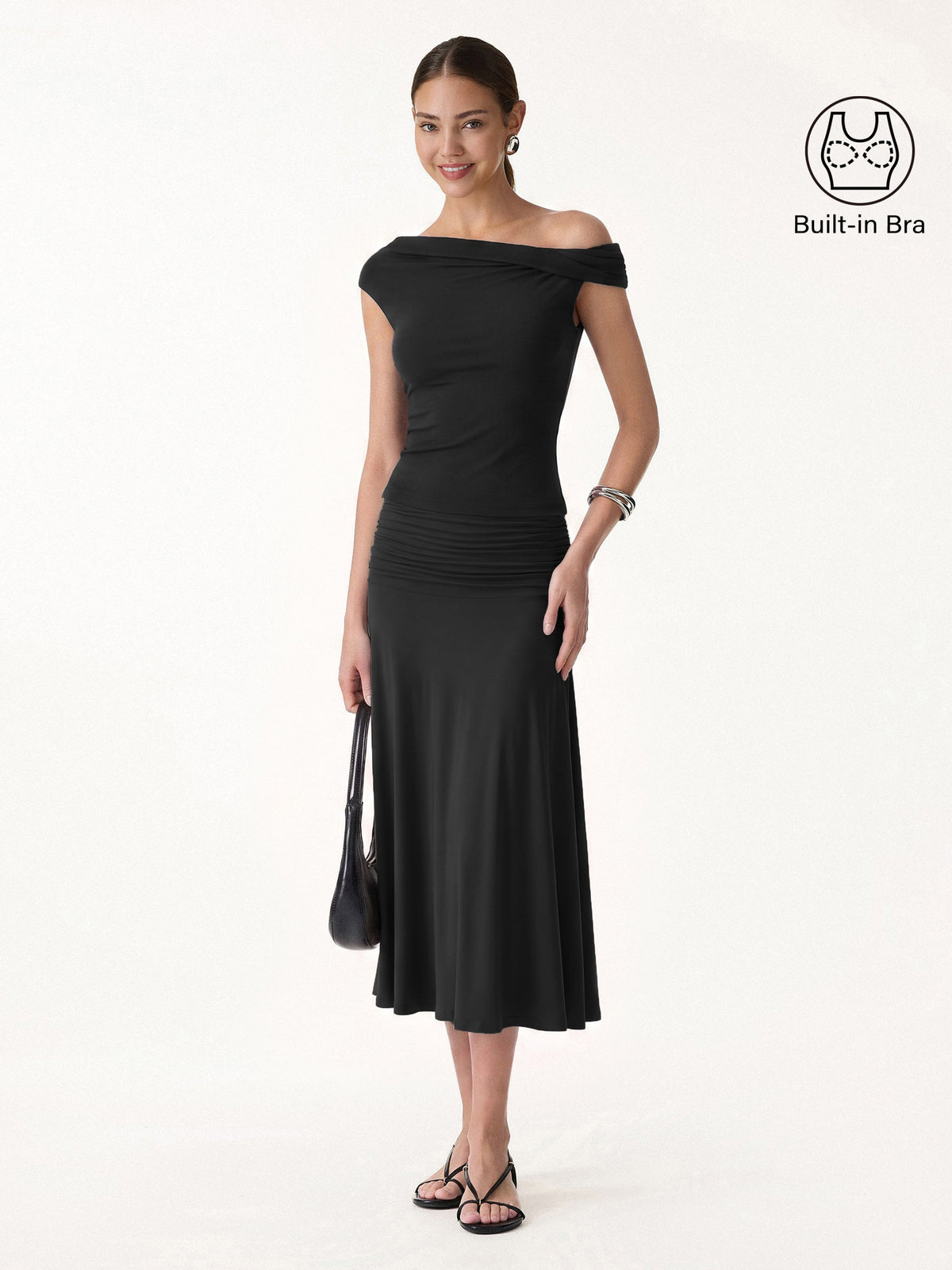2Pcs Set Multi-wear Built-In Bra Top & Side Ruched A-line Midi Skirt — original photo 13