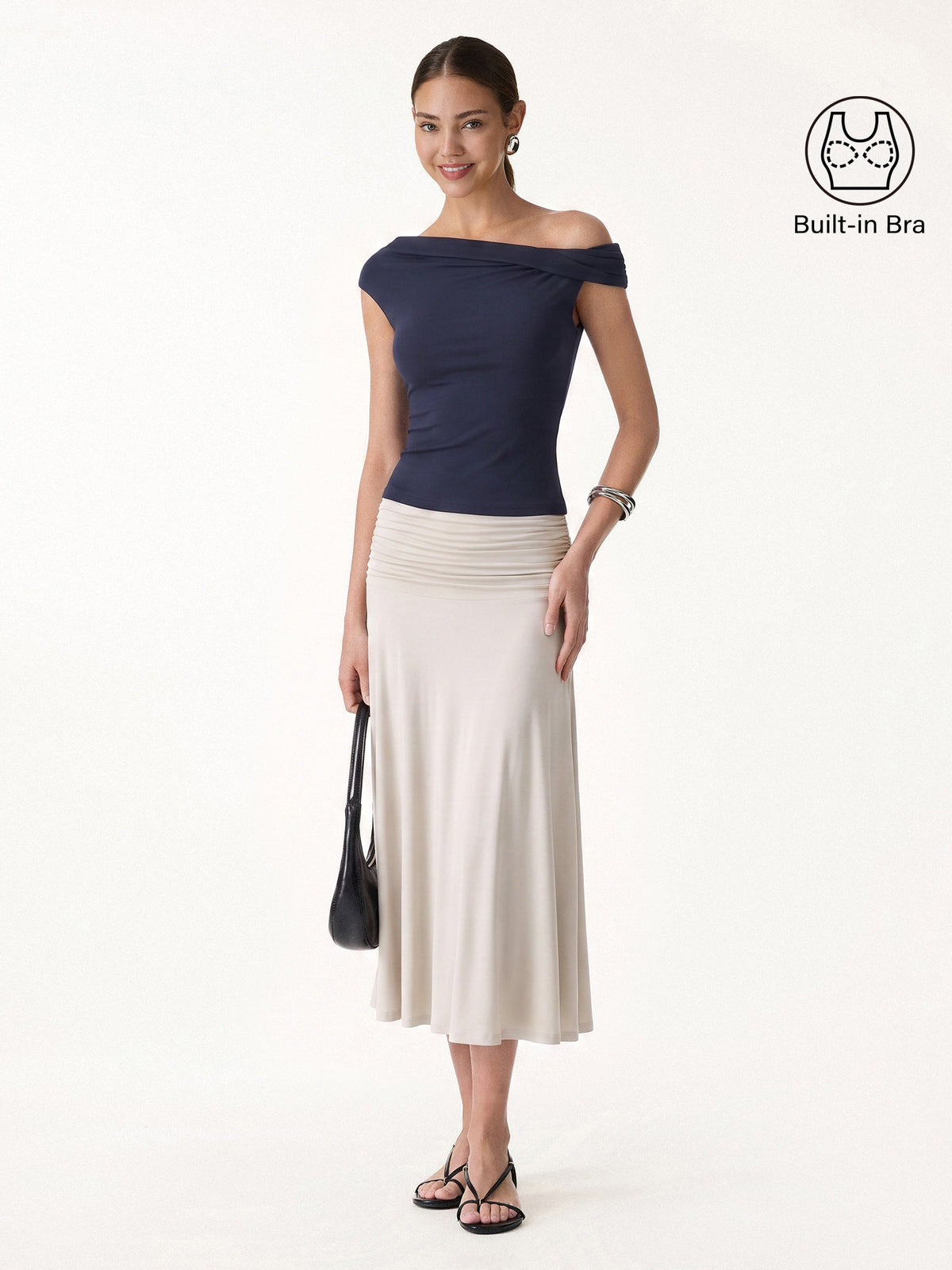 2Pcs Set Multi-wear Built-In Bra Top & Side Ruched A-line Midi Skirt — original photo 11