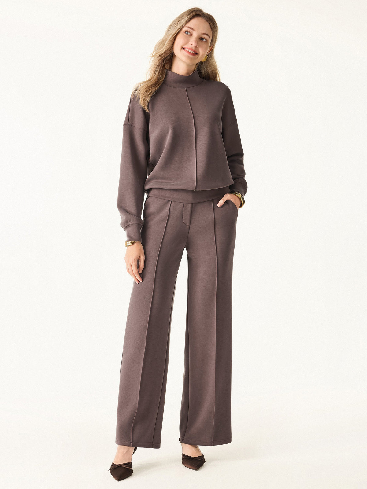 2Pcs Set Mockneck Pullover Shirt & Mid Rise Straight Leg Pants with Pockets — original photo 3