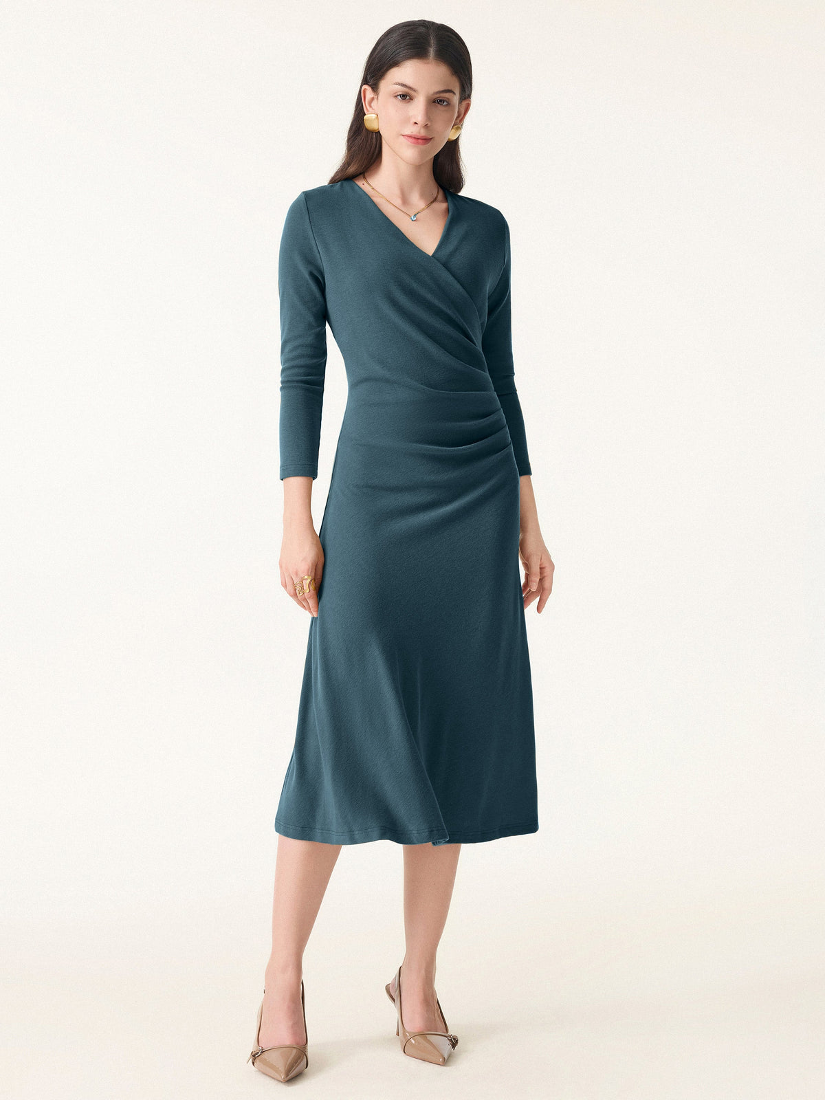 LiteWarm Surplice 3/4 Sleeve Side-Tuck Midi Dress — original photo 9