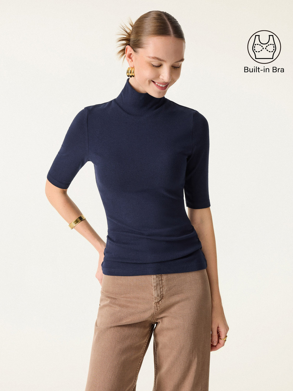 2Pcs Set LiteWarm Elbow Length Sleeve Built-In Bra Top & High-Rise Wide Leg Pants — original photo 3