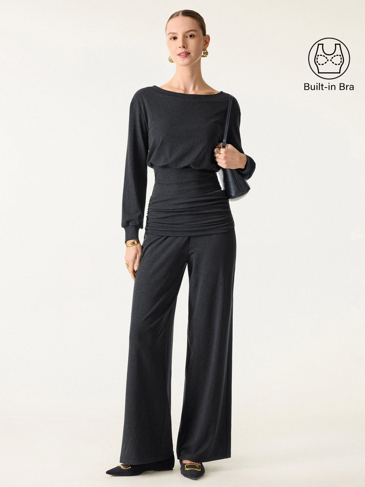 2Pcs Set Boatneck Built-In Bra & Drapey Wide Leg Pull-on Pants with Pockets — original photo 1