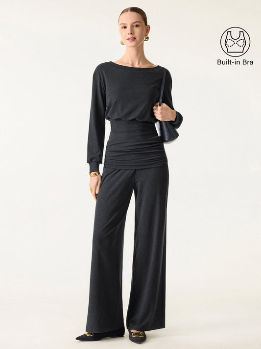 2Pcs Set Boatneck Built-In Bra & Drapey Wide Leg Pull-on Pants with Pockets — original photo 1