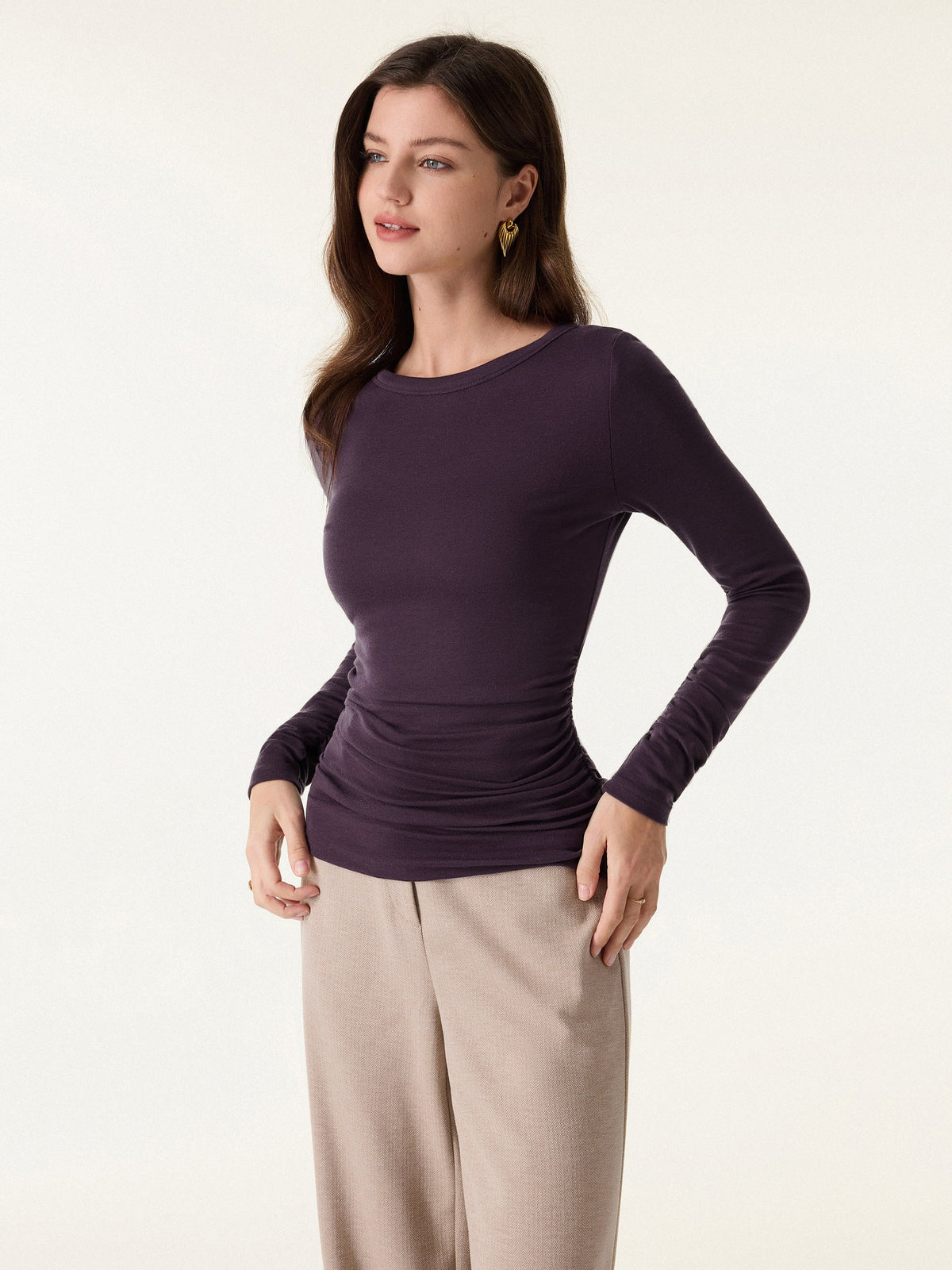 LiteWarm Lyocell-Wool Round Neck Long Sleeve Ruched Top — original photo 1