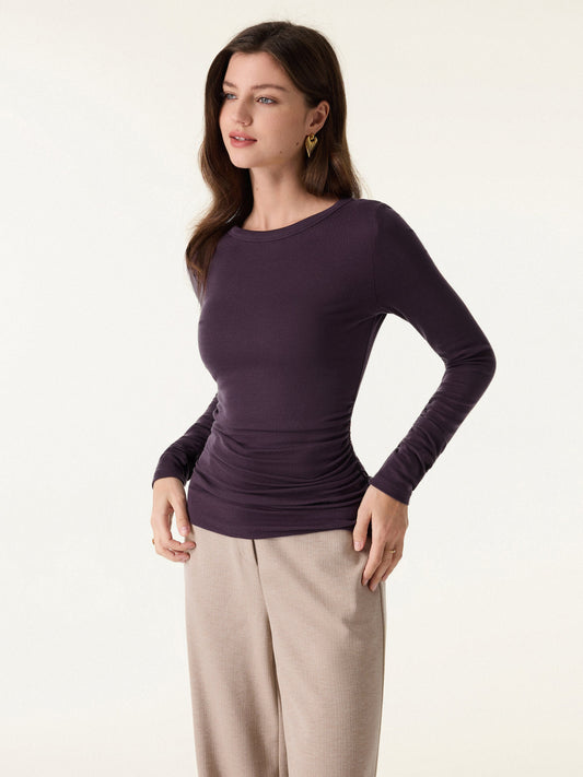 LiteWarm Lyocell-Wool Round Neck Long Sleeve Ruched Top — original photo 1