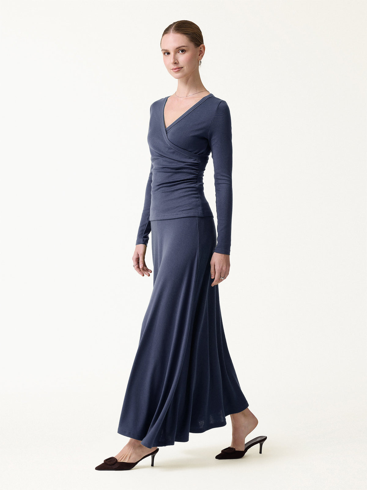 2Pcs Set LiteWarm Surplice Ruched Top & Blend Mid-Rise Umbrella Maxi Skirt — original photo 1