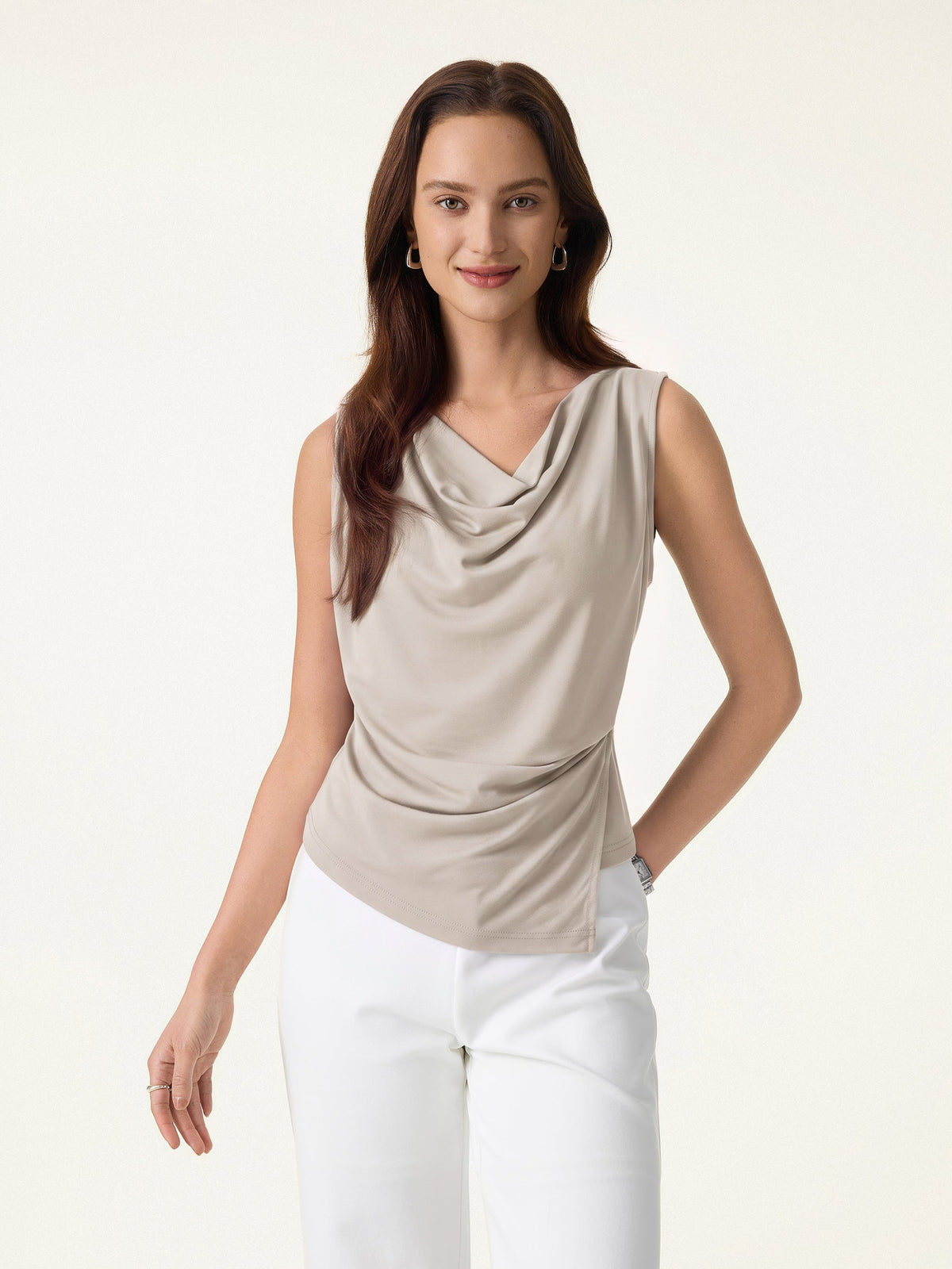 Cowl Neck Asymmetrical Tucked Sleeveless Top — original photo 1
