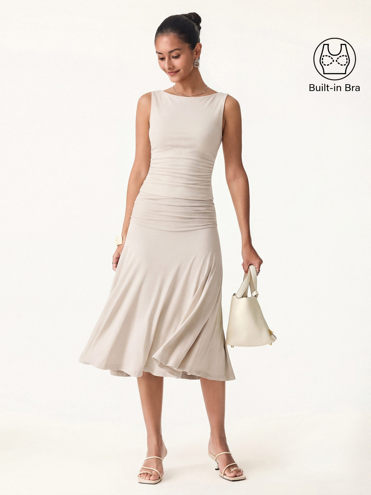 2Pcs Set Open Back Built-In Bra Tank & Side Ruched A-line Midi Skirt — original photo 1