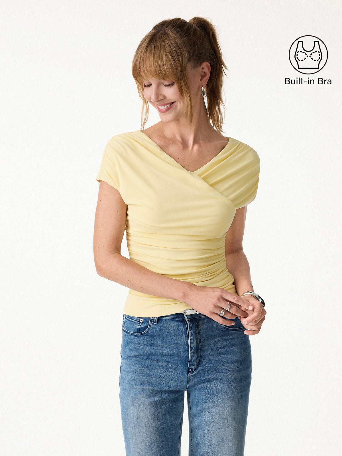 SkinKiss Surplice V-Neck Ruching Built-In Bra Top — original photo 3