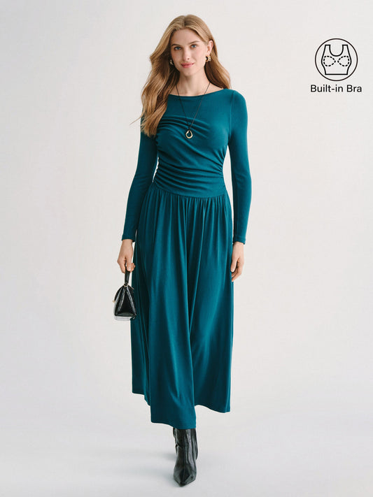LiteWarm Boatneck Long Sleeve Ruched Maxi Built-In Bra Dress with Pockets — original photo 1