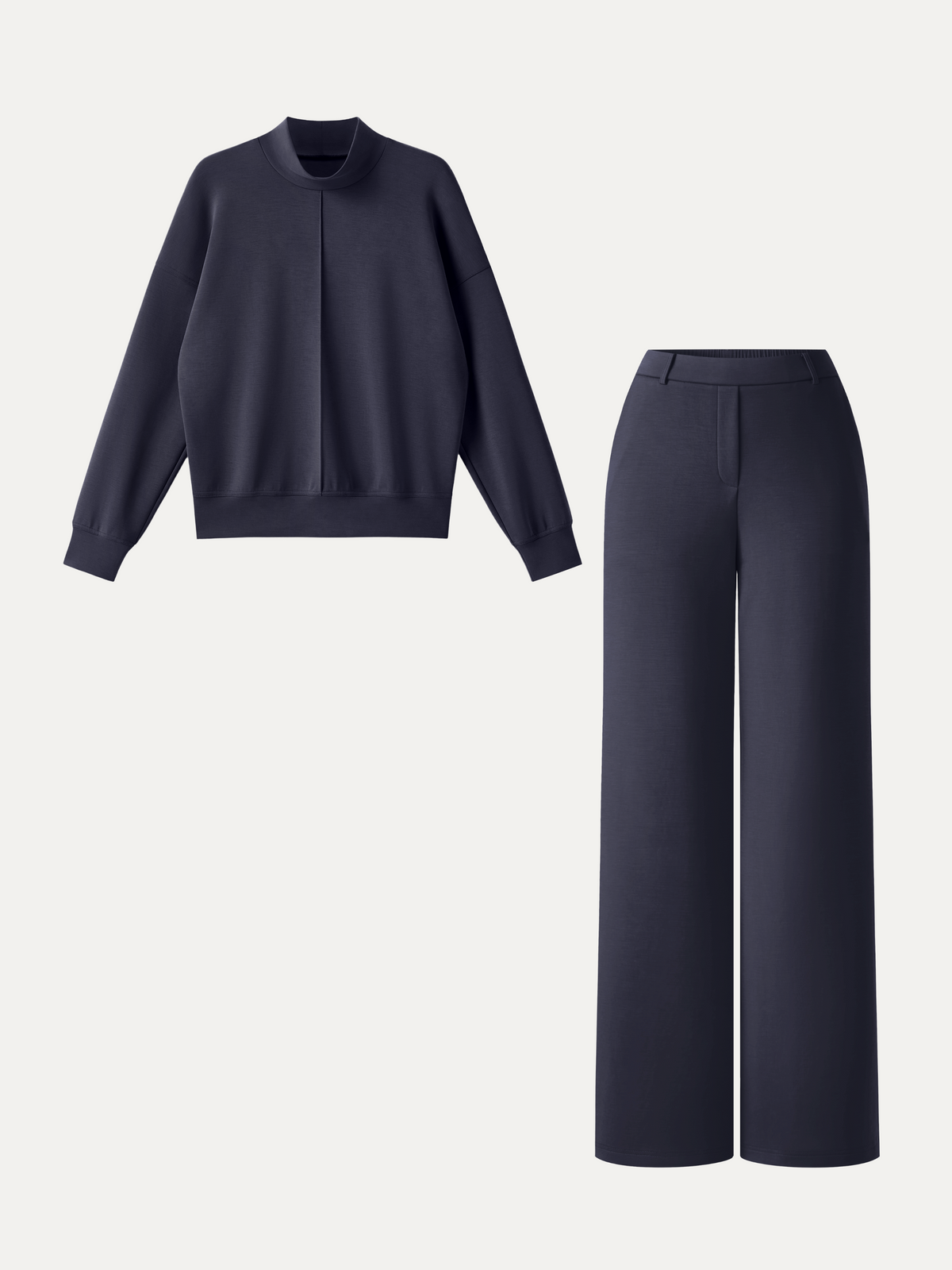 2Pcs Set Mockneck Long Sleeve Shirt & High-Rise Wide Leg Pants with Pockets — original photo 2