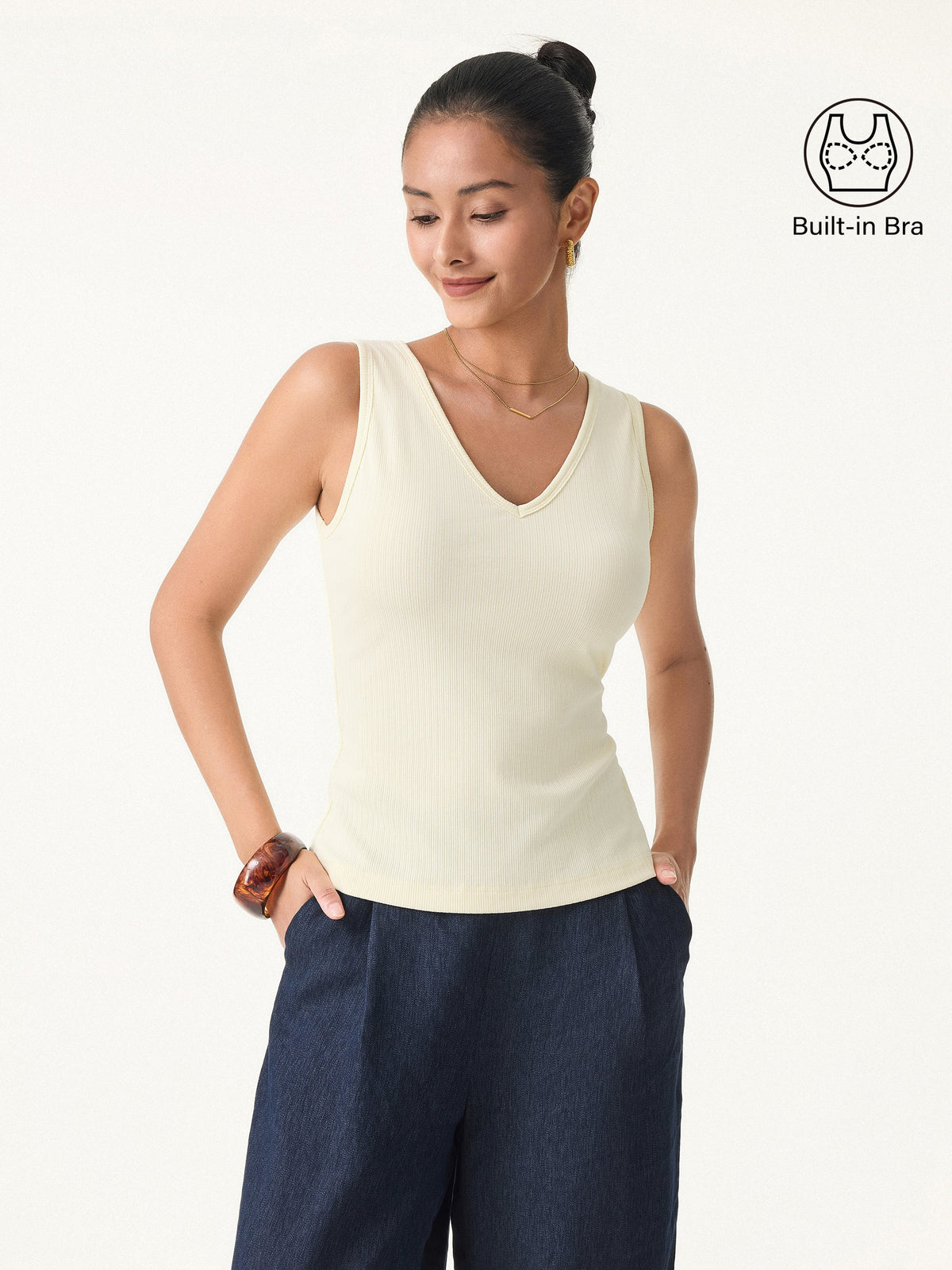 Stretch Cotton Pointelle V-neck Sleeveless Built-In Bra Tank — original photo 1
