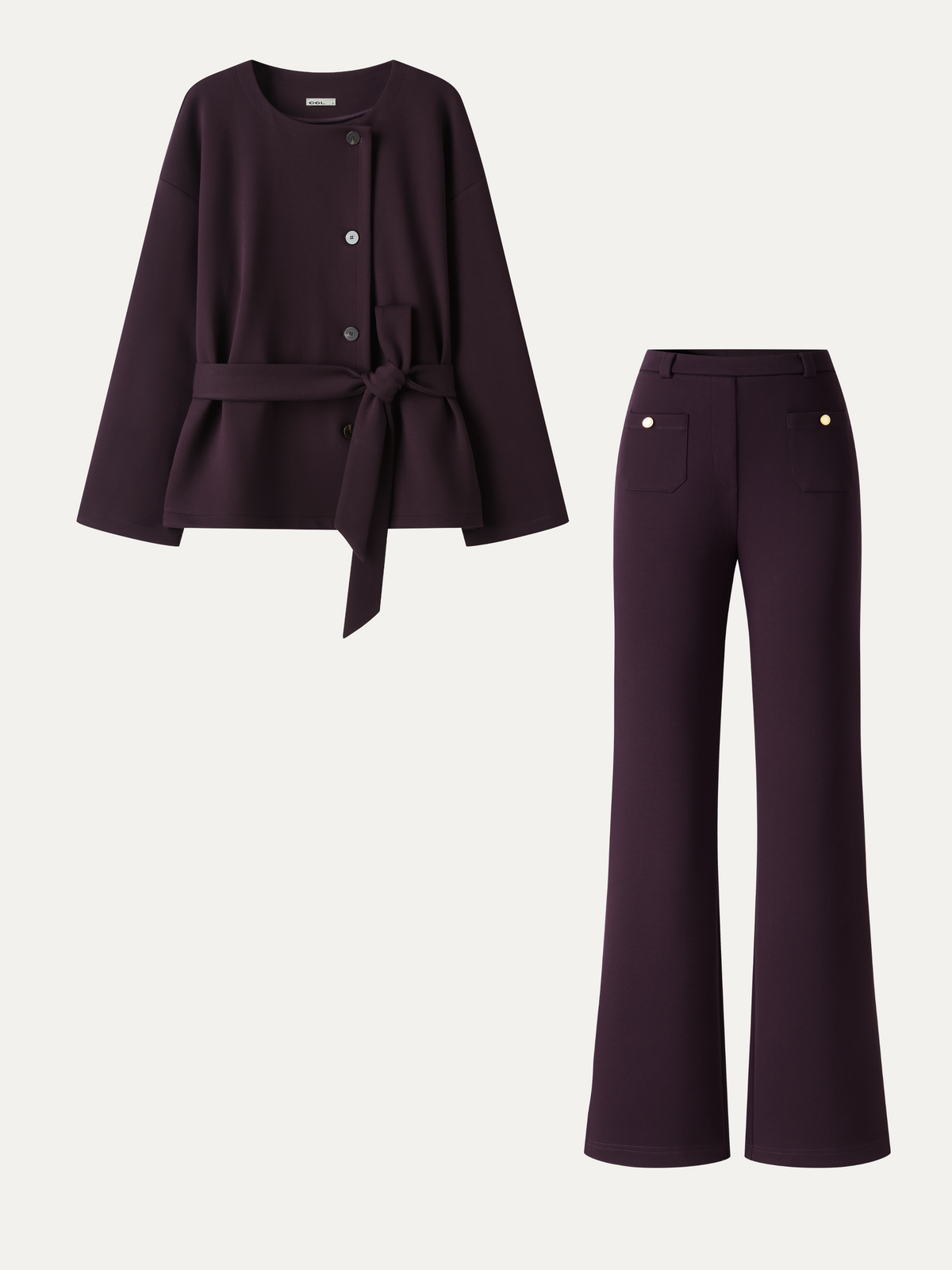 2Pcs Set Round Neck Long Sleeve Belted Jacket with Pockets & Mid-Rise Flared Pants with Pockets — original photo 2
