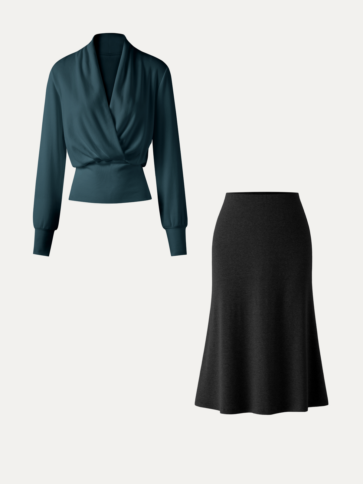2Pcs Set LiteWarm Surplice Banded Hem Top & Soft Pull-On Midi Skirt — original photo 1
