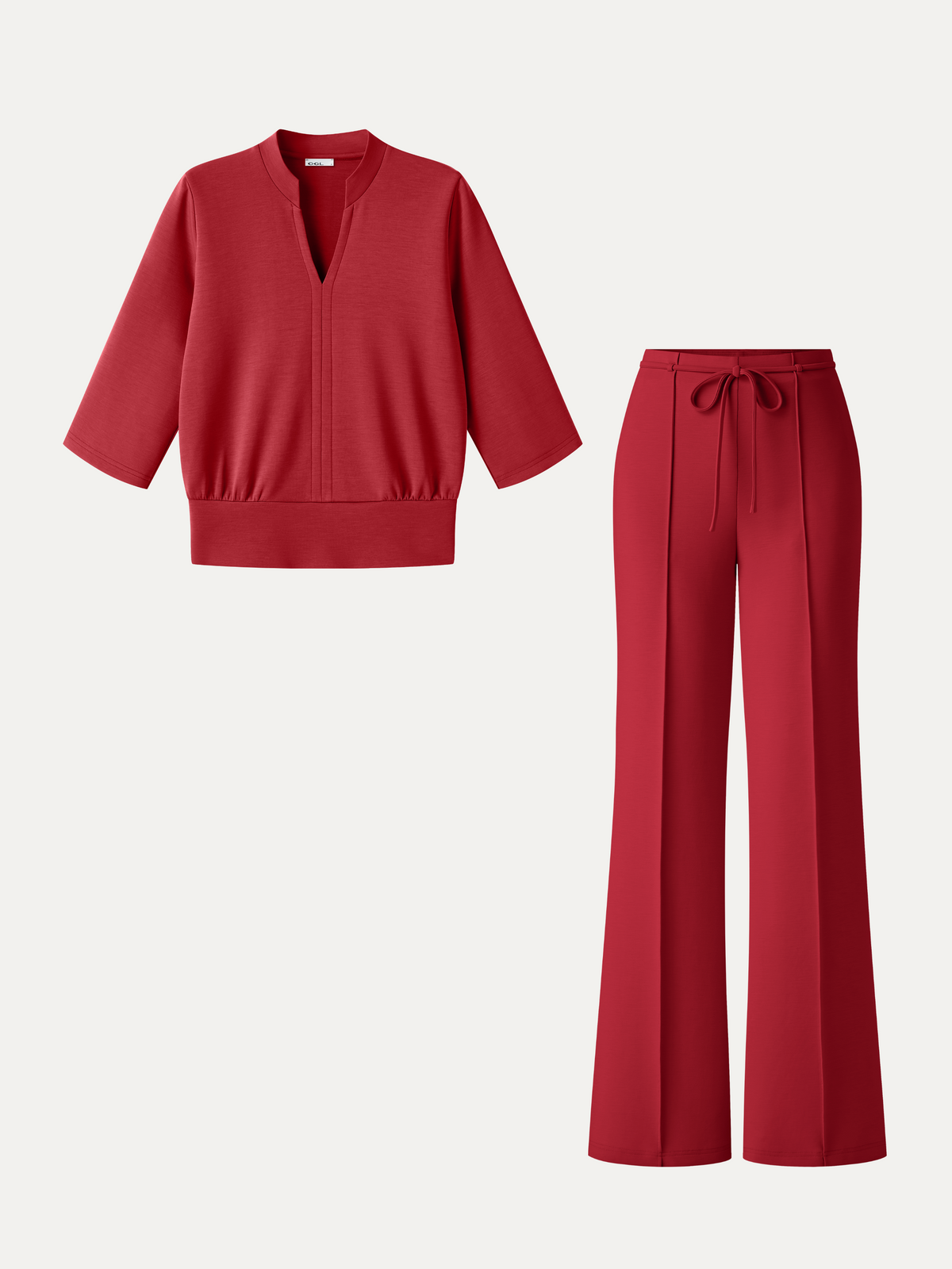 2Pcs Set V-Neck Elbow Sleeve Bam Top & High-Rise Flare Pants with Pockets — original photo 13
